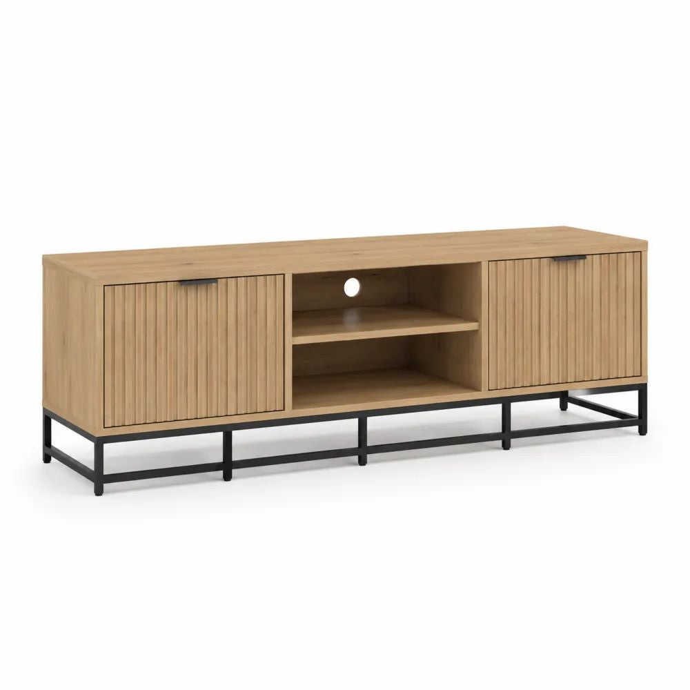 Meuble TV bas rectangulaire avec 2 portes et 2 niches en bois et acier, chêne naturel et noir, 180 × 40 × 65 cm