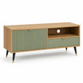 Meuble TV rectangulaire en panneaux de particules et MDF, 1 porte, 1 tiroir et 1 niche, chêne et vert sauge, 120 × 40 × 60 cm
