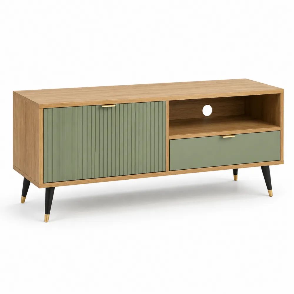 Meuble TV rectangulaire en panneaux de particules et MDF, 1 porte, 1 tiroir et 1 niche, chêne et vert sauge, 120 × 40 × 60 cm