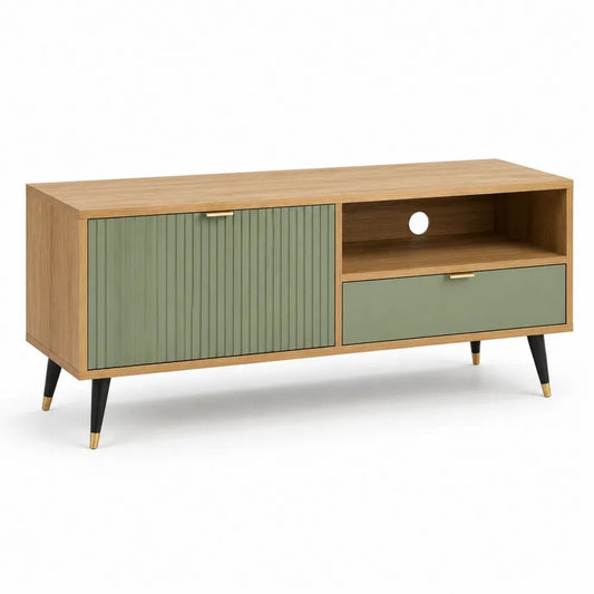 Meuble TV rectangulaire en panneaux de particules et MDF, 1 porte, 1 tiroir et 1 niche, chêne et vert sauge, 120 × 40 × 60 cm