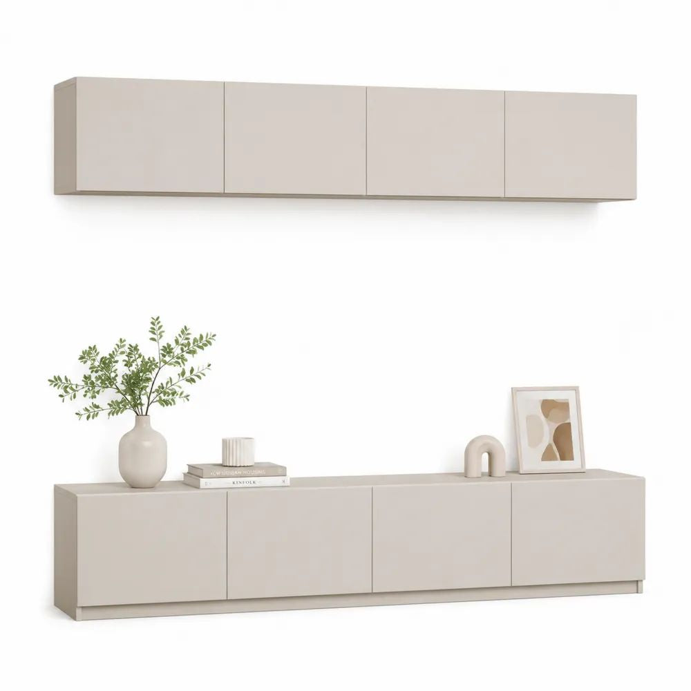 Ensemble meuble TV bas et meuble mural en panneaux de particules, beige grisé mat, 8 portes, 240 × 40 × 60 cm et 240 × 35 × 40 cm