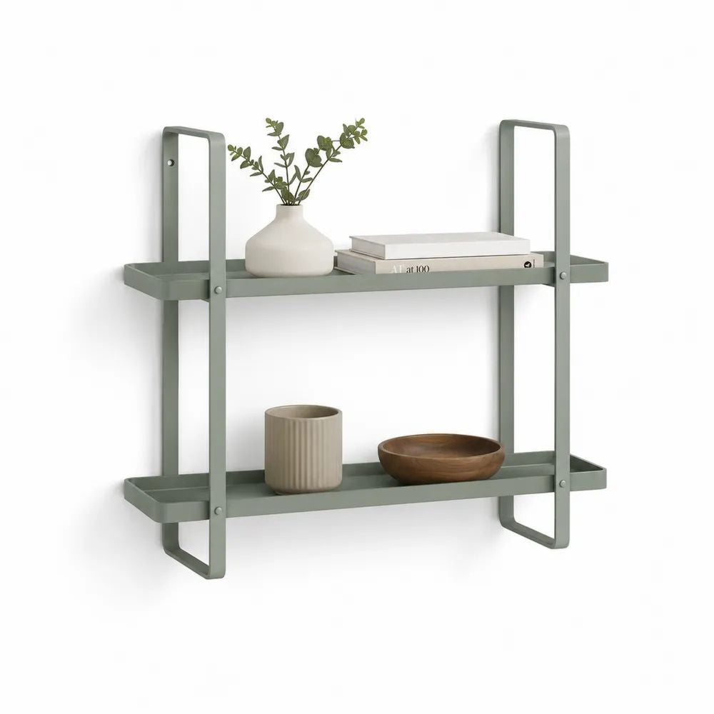 Étagère murale rectangulaire en acier à 2 niveaux, vert sauge, 60 × 15 × 65 cm