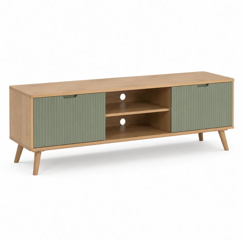 Meuble TV rectangulaire avec rangements, vert sauge et chêne naturel, 160 × 40 × 58 cm