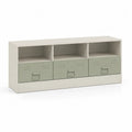 Meuble TV bas en acier avec 3 niches ouvertes et 3 tiroirs, beige et vert sauge, 120 x 40 x 60 cm