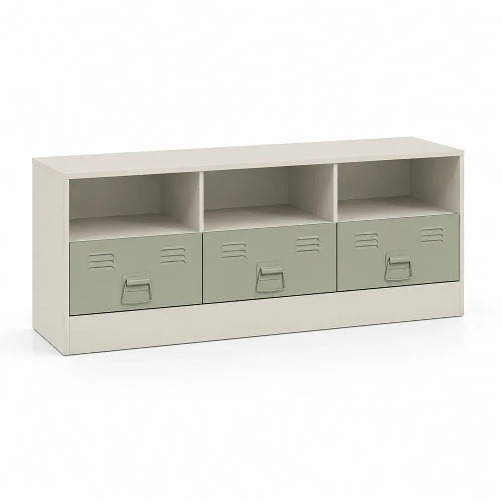 Meuble TV bas en acier avec 3 niches ouvertes et 3 tiroirs, beige et vert sauge, 120 x 40 x 60 cm