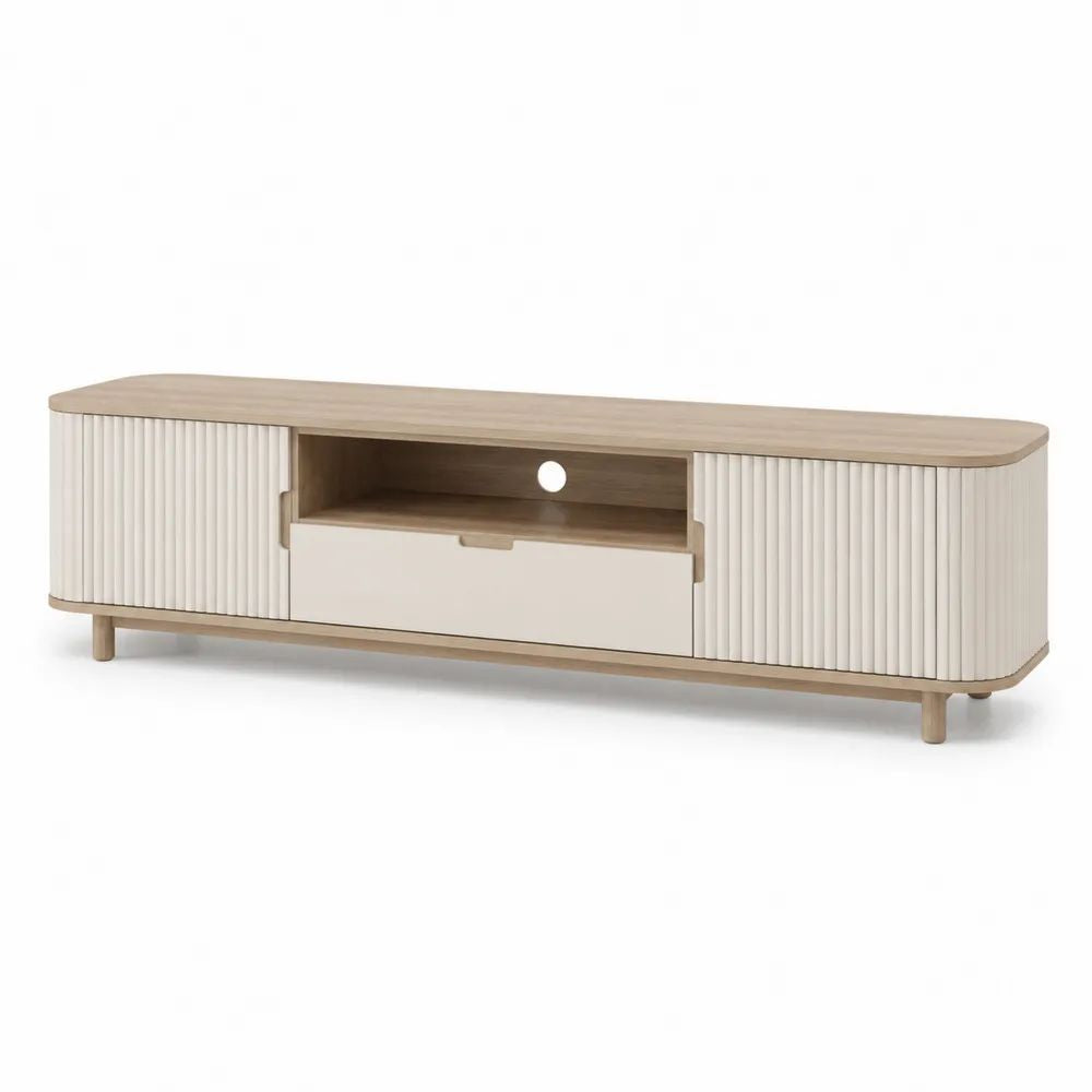 Meuble TV en bois avec 2 portes, 1 tiroir et niche ouverte, chêne clair et ivoire, 160 x 40 x 55 cm