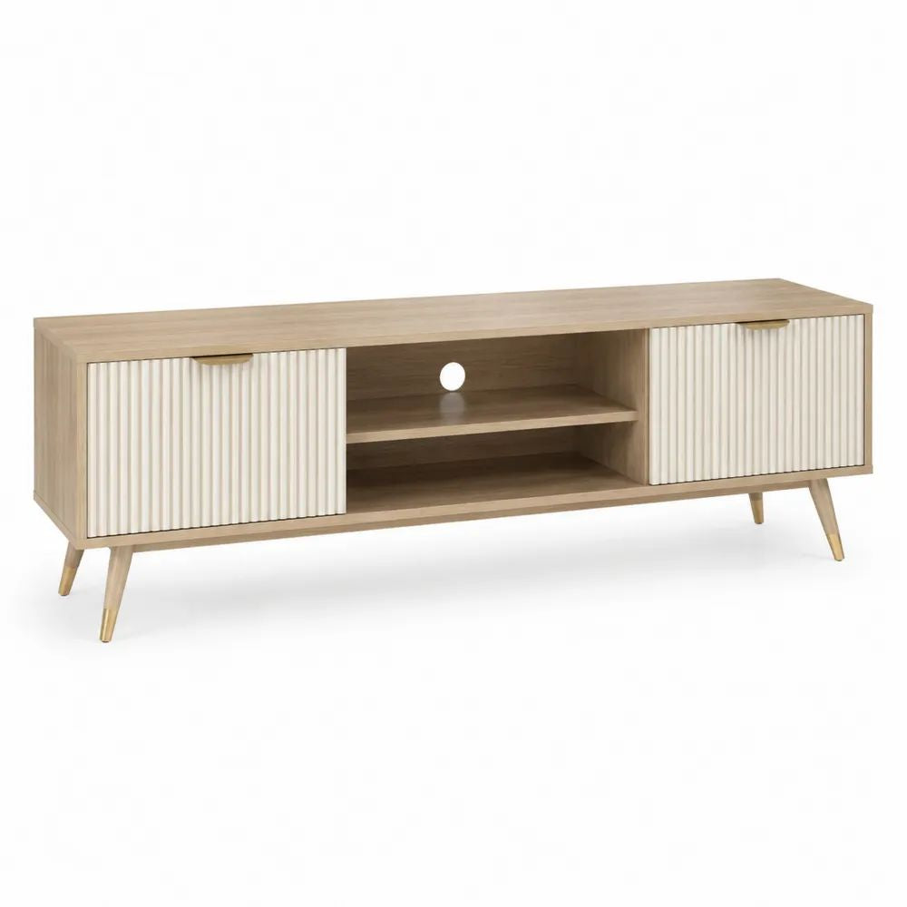 Meuble TV en panneaux mélaminés effet chêne clair et blanc, 2 portes et 2 niches, 140 × 40 × 55 cm