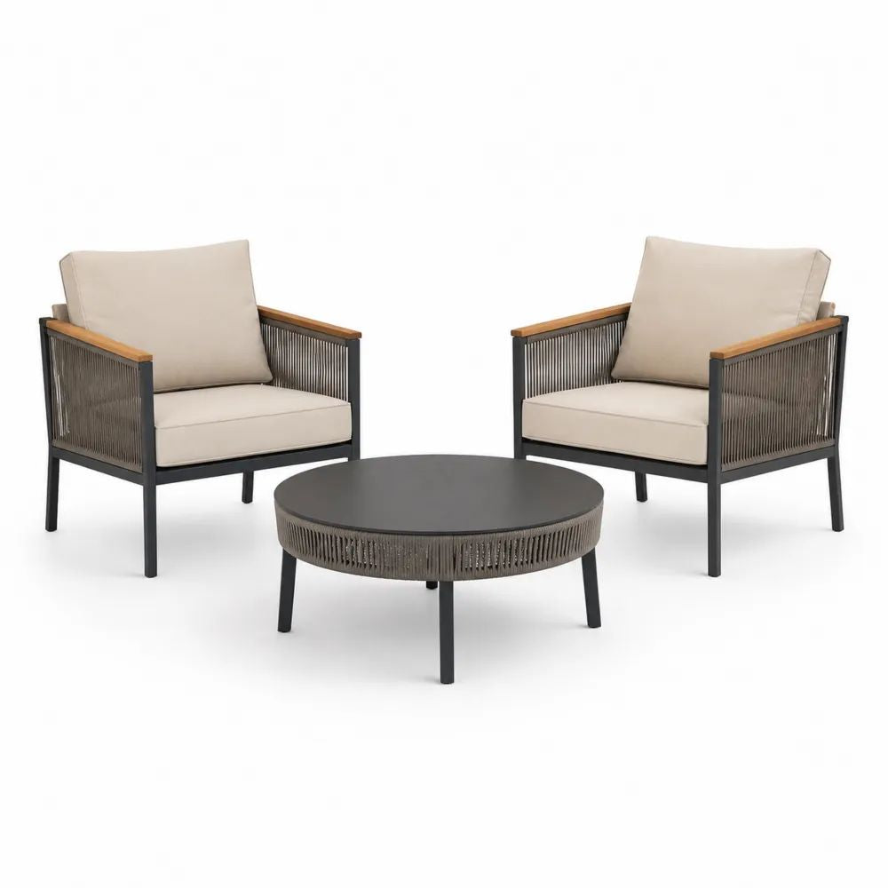 Salon de jardin extérieur 3 pièces anthracite, taupe, beige et brun avec 2 fauteuils en acier et corde 72 × 76 × 75 cm et table basse ronde en verre Ø 80 × H 40 cm