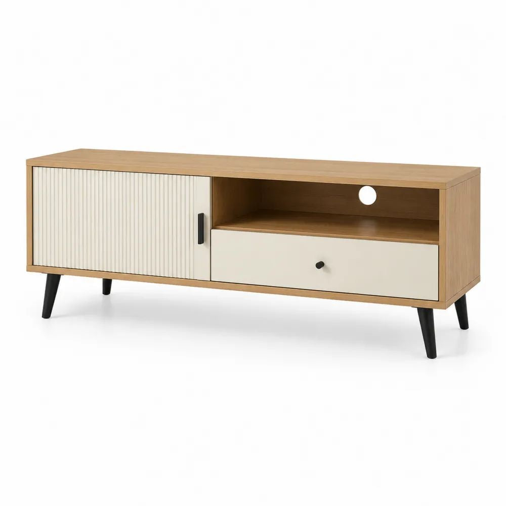 Meuble TV rectangulaire en bois et métal avec porte rainurée, tiroir, niche et passe-câbles, chêne naturel, blanc cassé et noir, 120 × 40 × 55 cm