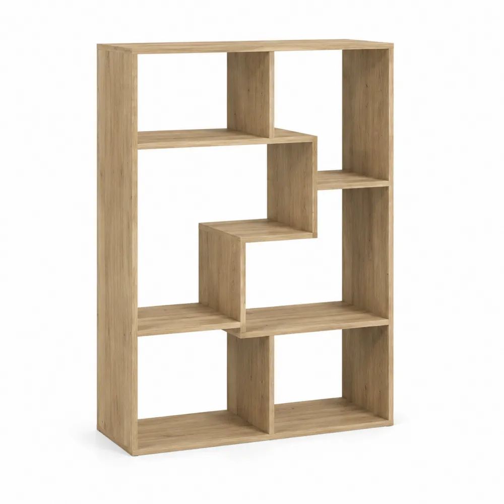 Bibliothèque étagère ouverte géométrique en bois, chêne clair, 90 × 30 × 120 cm