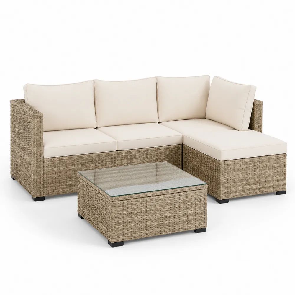 Salon de jardin 3 éléments en résine tressée avec canapé d’angle taupe et beige 194 × 142 × 74 cm et table basse 65 × 65 × 34 cm
