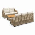 Salon de jardin extérieur 3 pièces en résine et bois beige avec coussins écrus, canapé 3 places 190 x 75 x 75 cm, canapé 2 places 135 x 75 x 75 cm et table basse 100 x 55 x 40 cm